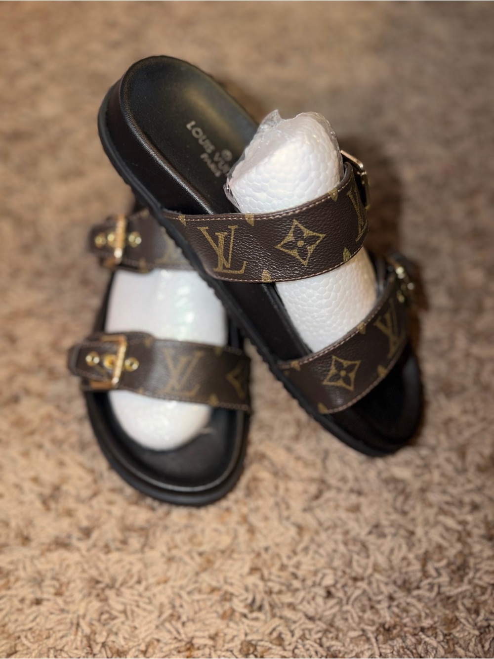 LV Brown Monogram Double-Strap Kids Sandals with Gold Accents